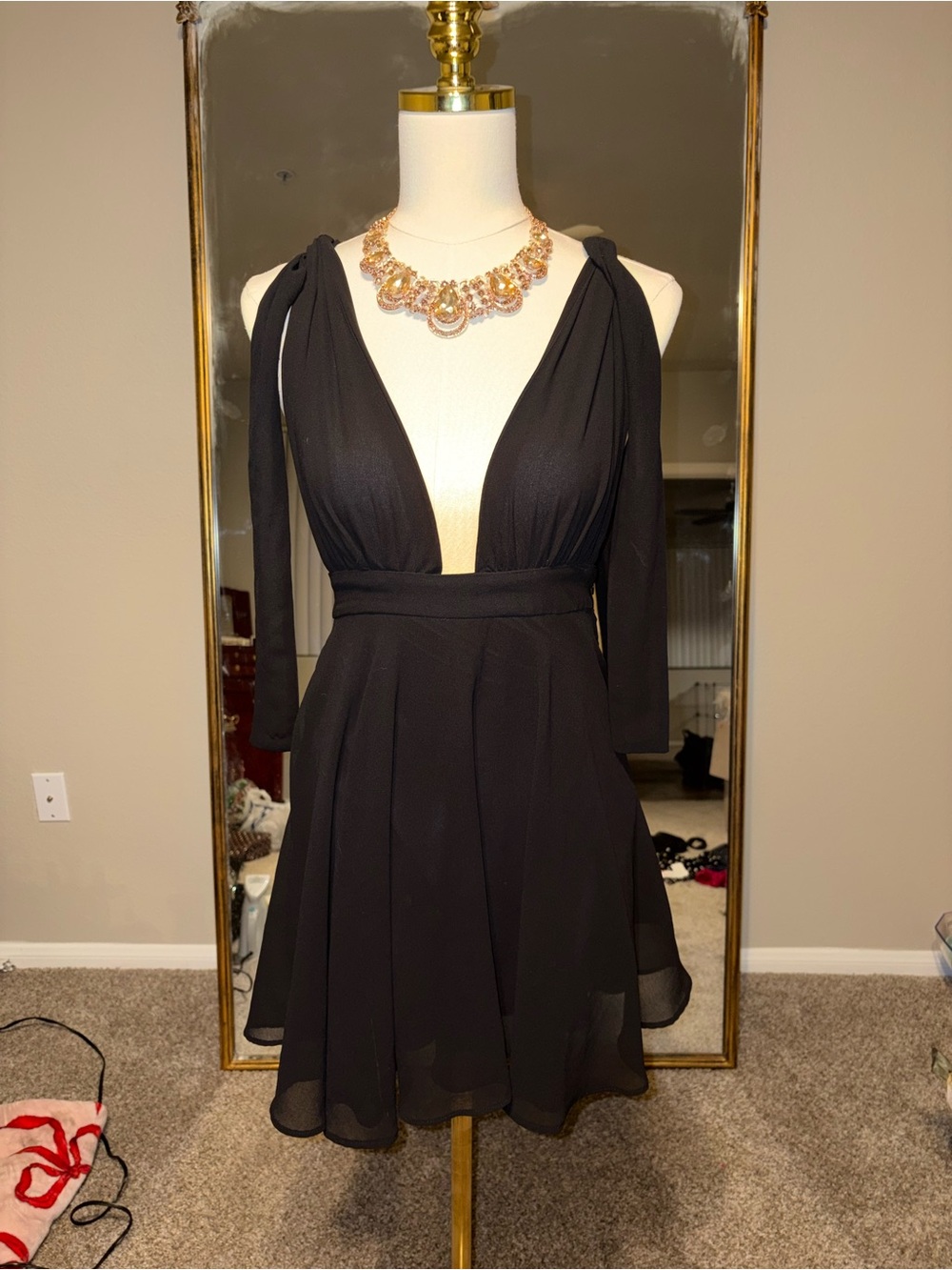 Black Deep V-Neck Long Sleeve Skater Dress